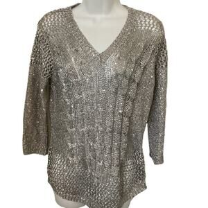 NWT Lauren Michelle Silver Sequin Metallic Open Weave Sweater   S​